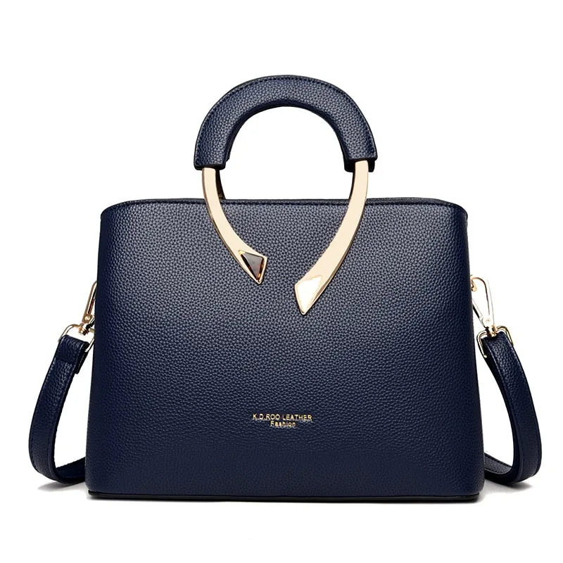 Leather Metal Handle Luxury Handbag Women