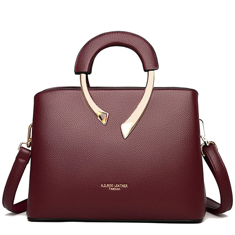 Leather Metal Handle Luxury Handbag Women