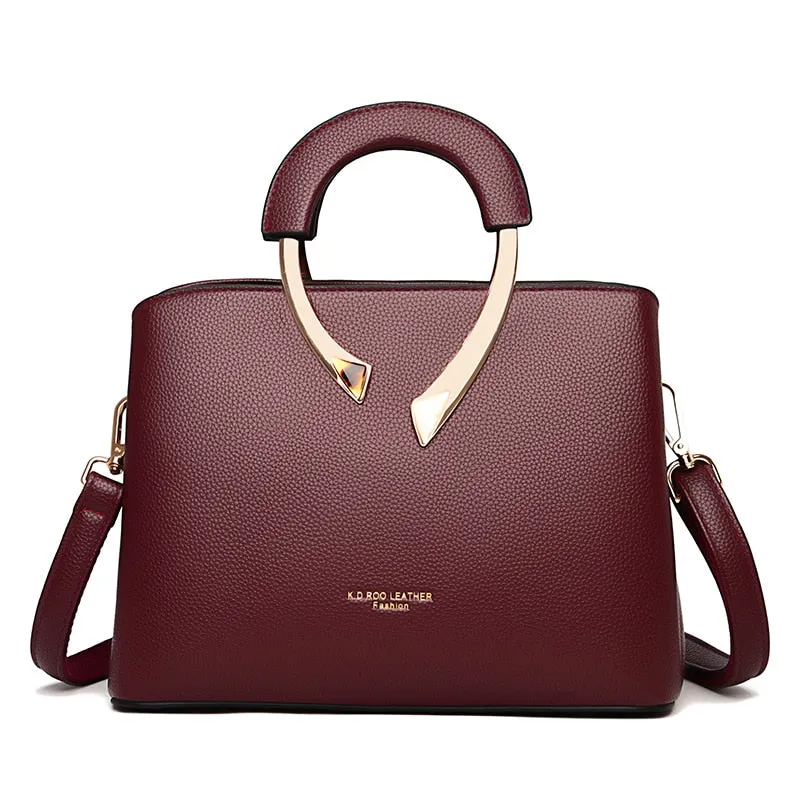 Leather Metal Handle Luxury Handbag Women