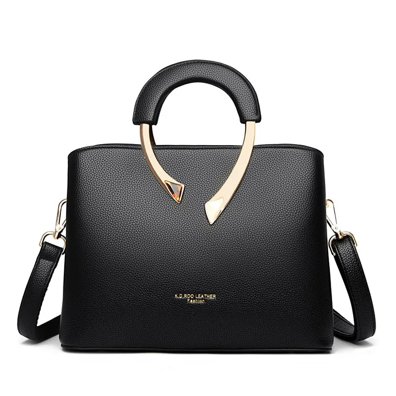 Leather Metal Handle Luxury Handbag Women