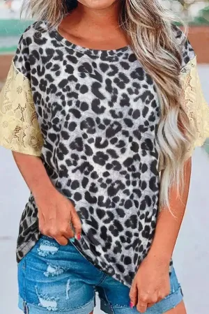 Leopard Printing Lace Sleeve T-shirts