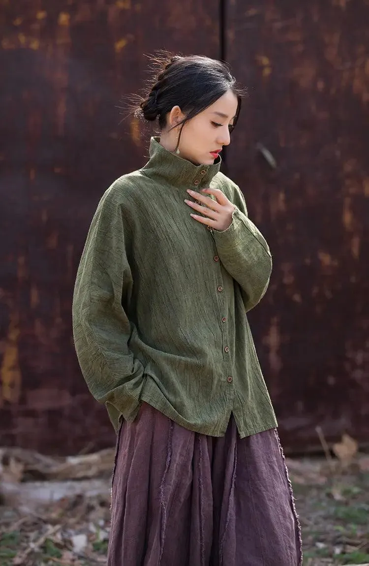 Linen Blouse for Women Elegant Linen Turtleneck Cardigan Blouse