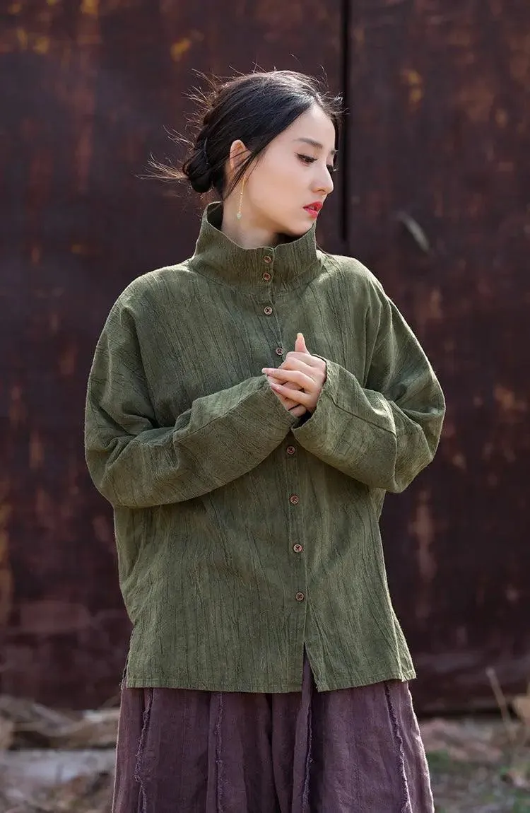 Linen Blouse for Women Elegant Linen Turtleneck Cardigan Blouse