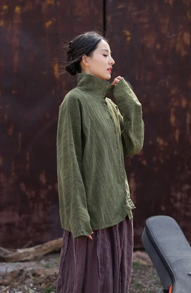 Linen Blouse for Women Elegant Linen Turtleneck Cardigan Blouse