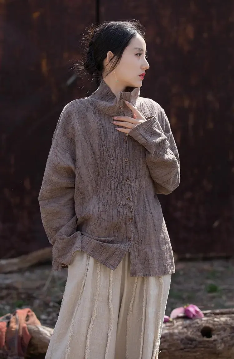 Linen Blouse for Women Elegant Linen Turtleneck Cardigan Blouse