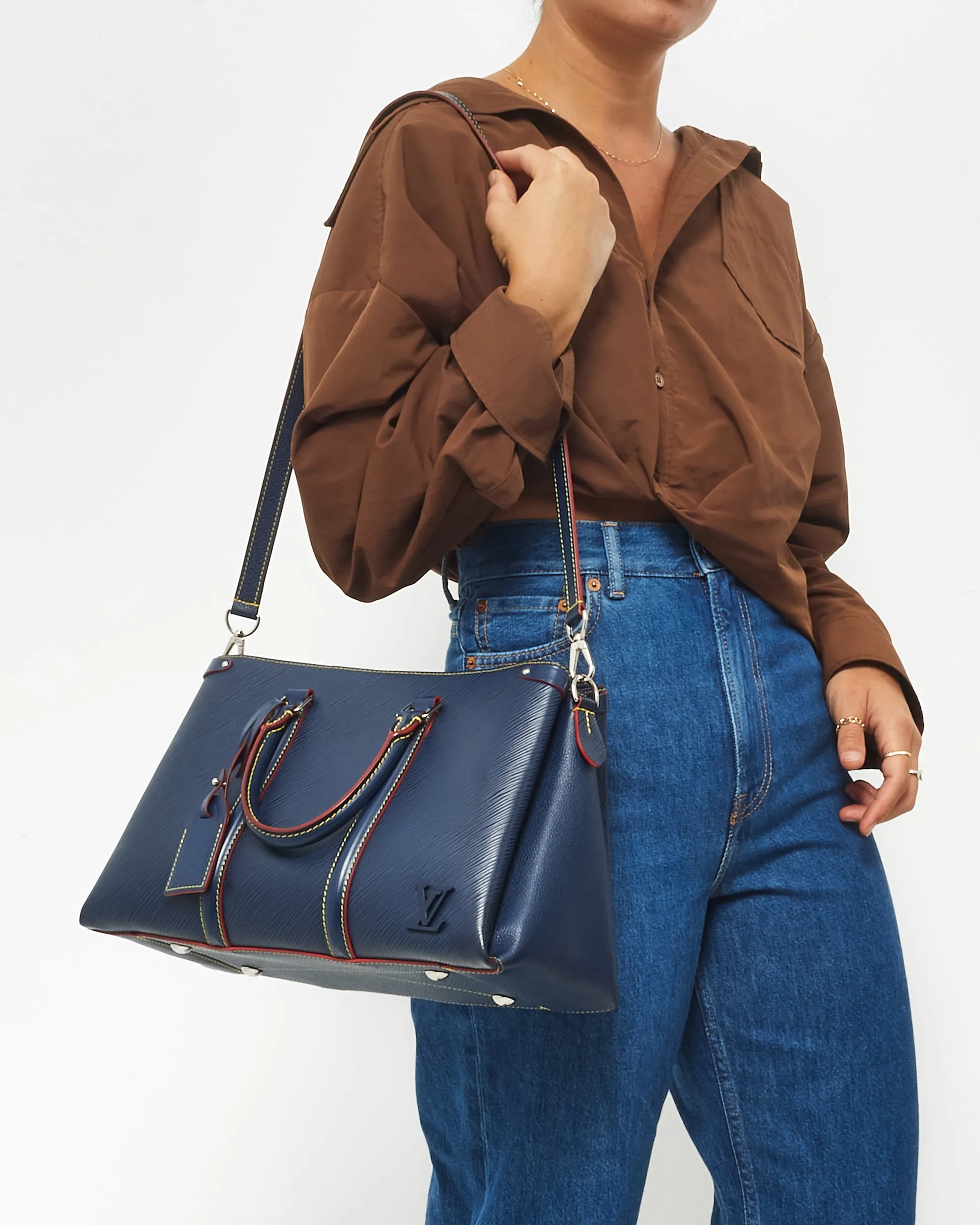 Louis Vuitton Navy Blue Epi Leather & Red Trim Souffot MM Bag