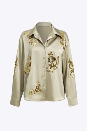 Mabel - Stylish Slit Design Woman's Sequin Long Sleeve Shirt