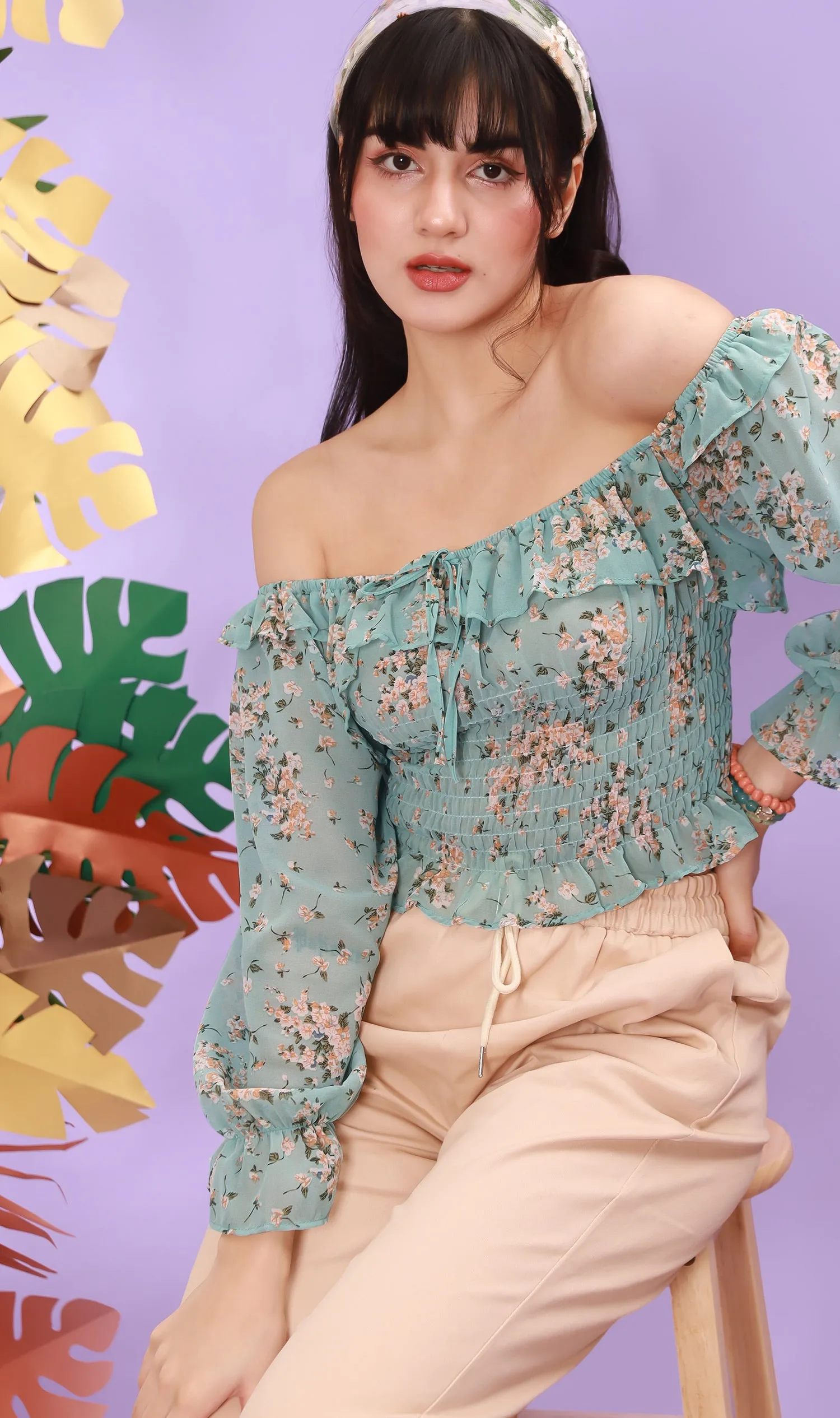 MARINA Long-Sleeve Frill Top (Pale Turquoise)
