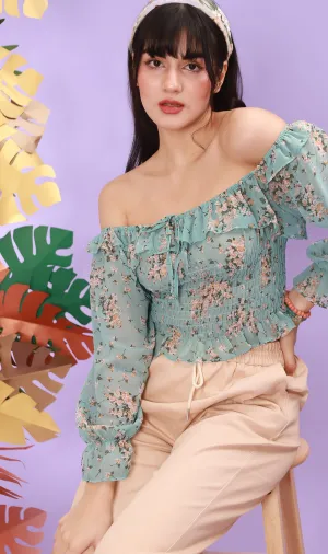 MARINA Long-Sleeve Frill Top (Pale Turquoise)