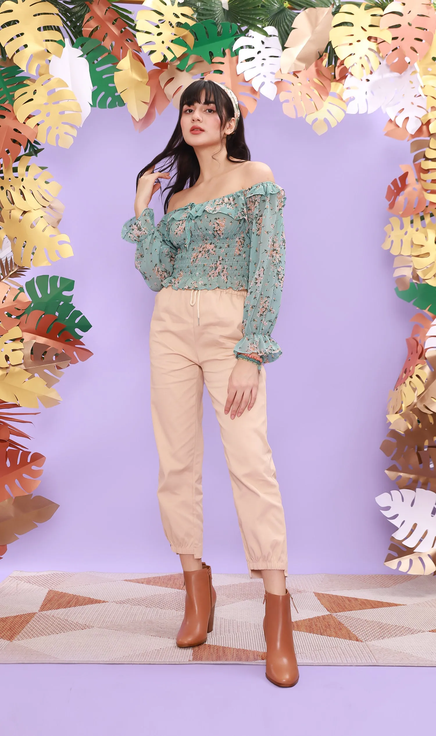 MARINA Long-Sleeve Frill Top (Pale Turquoise)