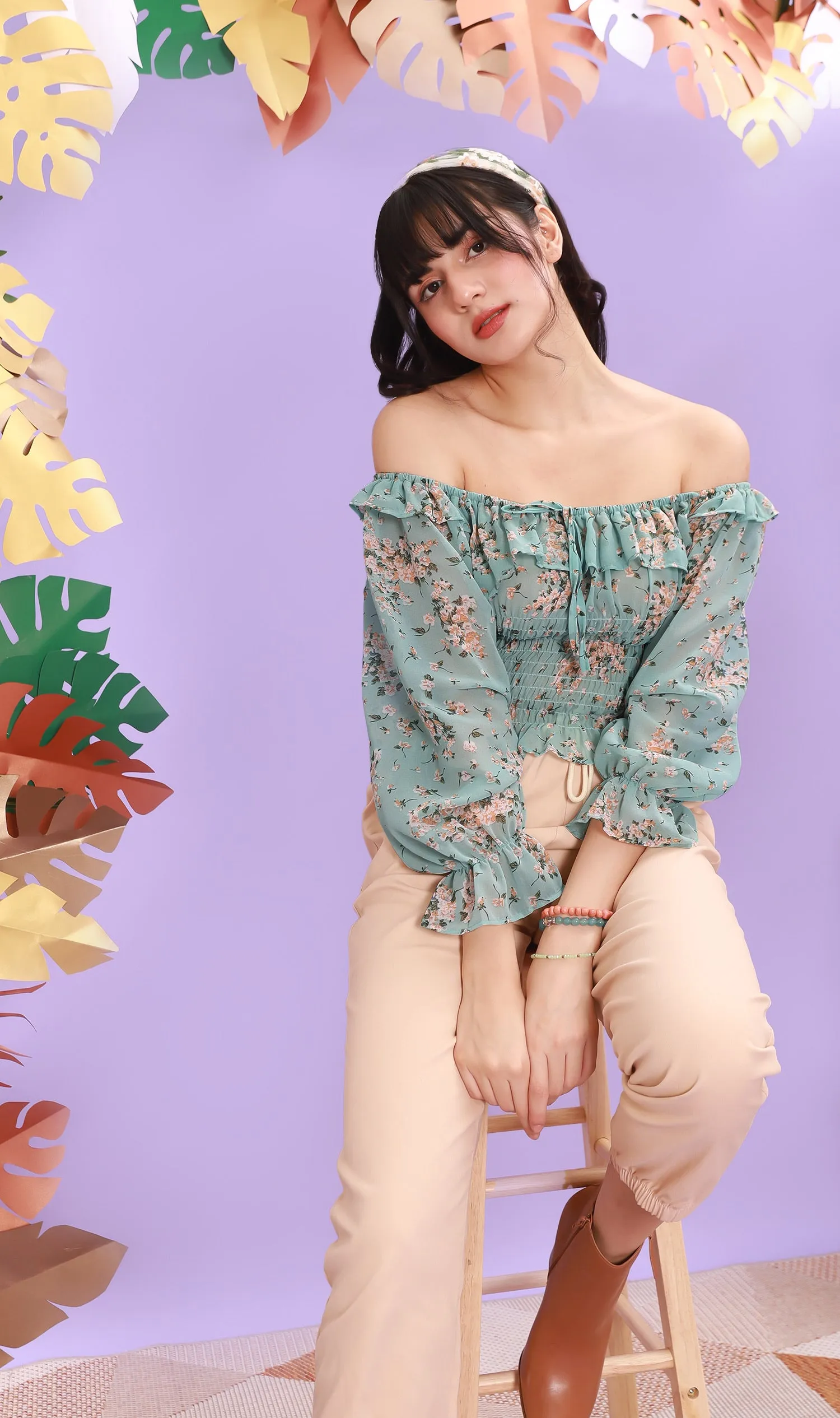 MARINA Long-Sleeve Frill Top (Pale Turquoise)