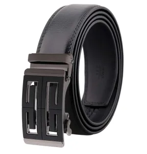 Mens Black Adjustable Ratchet Slide Buckle Belt - Genuine Leather Automatic Belt with No Holes