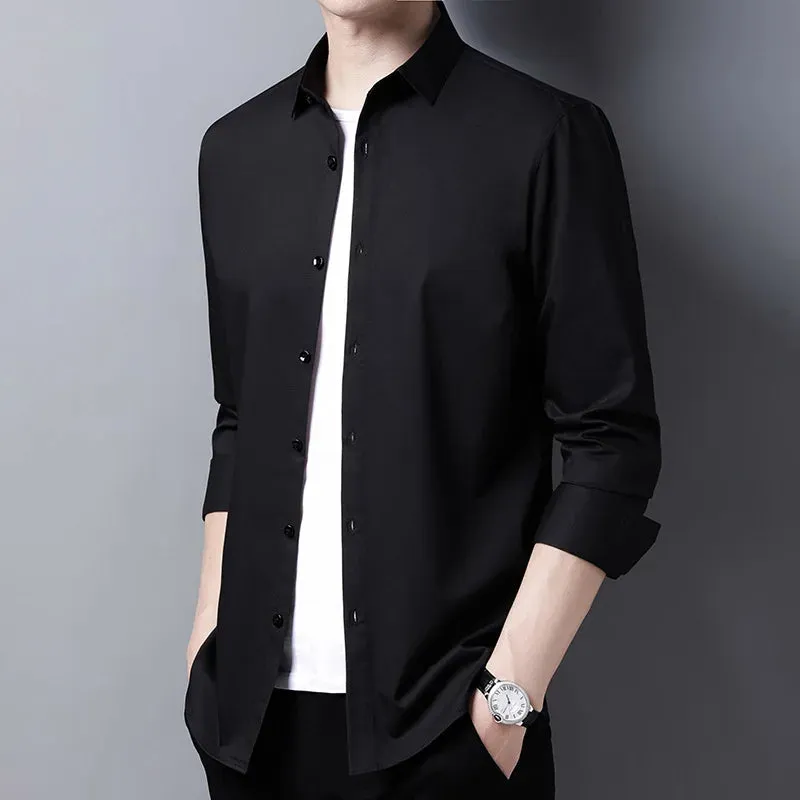 Men's Casual Fashion Business Solid Color Long Sleeved Shirt