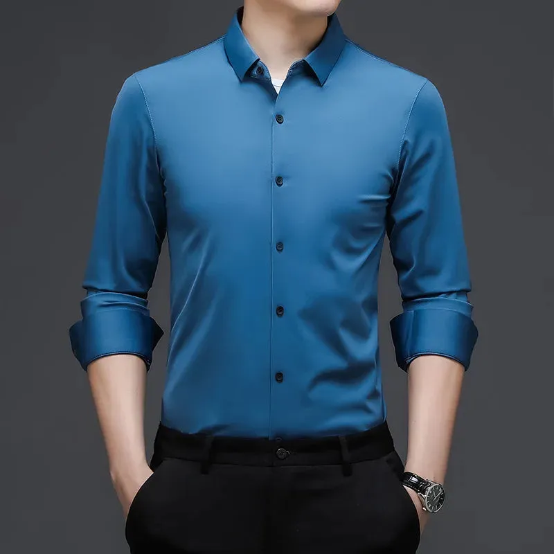 Men's Casual Fashion Business Solid Color Long Sleeved Shirt