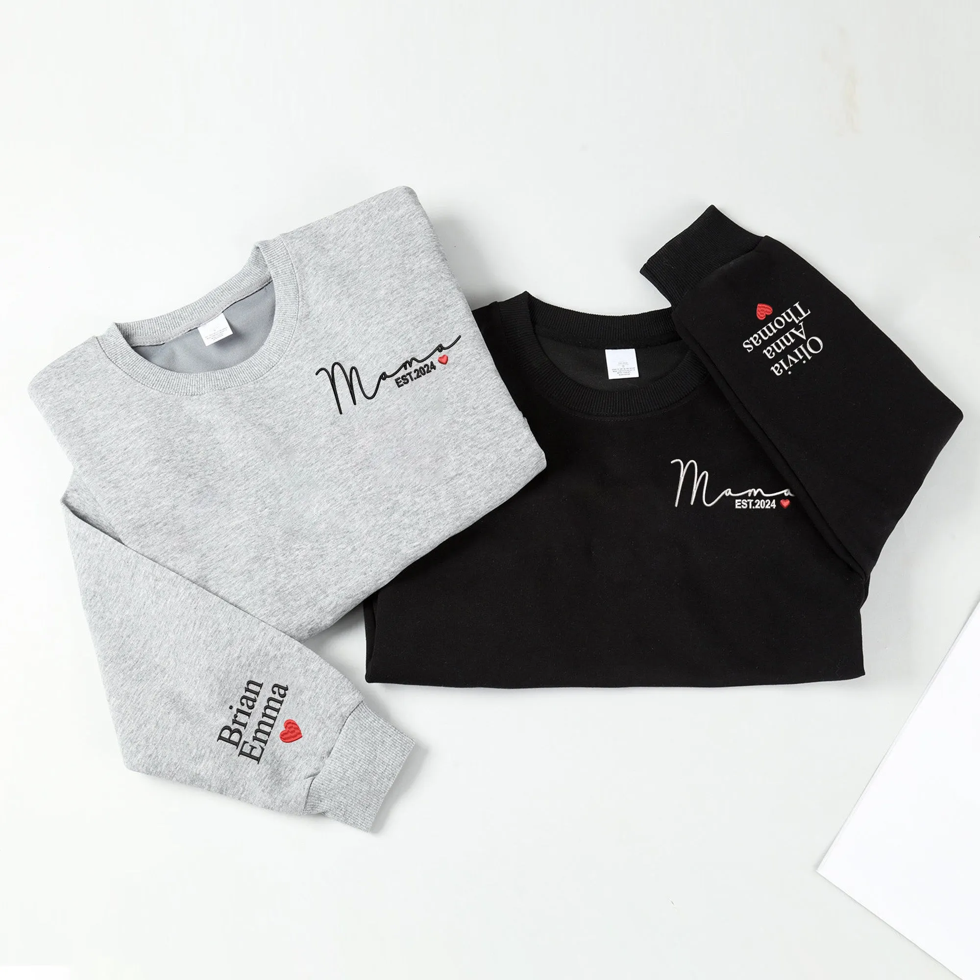 Mom Embroidered Sweatshirt, Custom Mama Shirt With Names, Heart On Sleeve