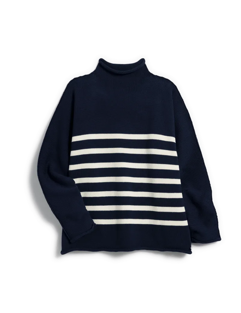 Monterey Rolled Funnel Neck Sweater - Navy/Cream Stripe