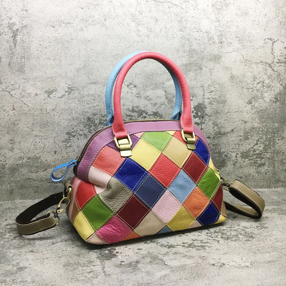 Multicolor Genuine Leather Patchwork Handbag Fashion Shell Shape