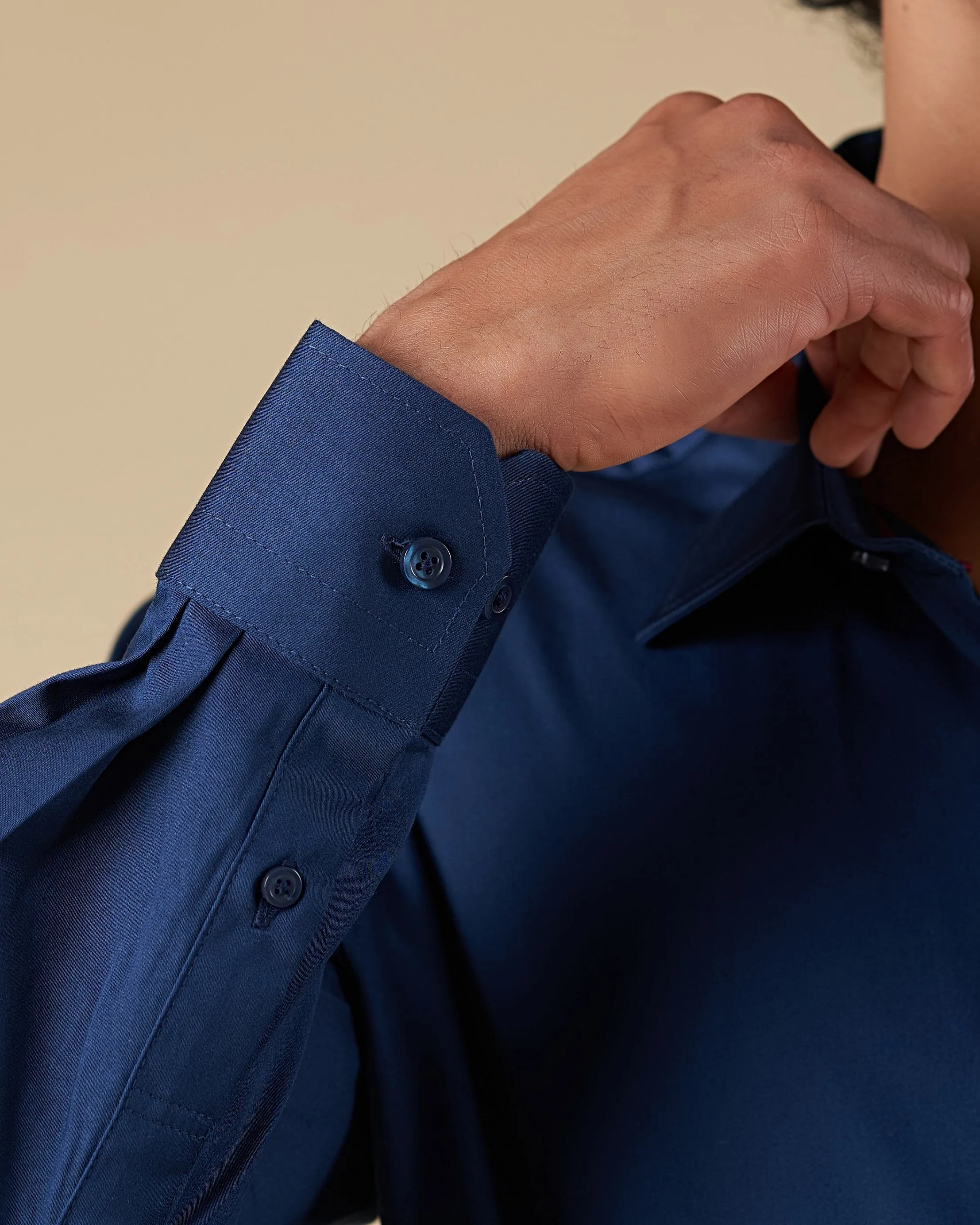 Navy Blue Satin Long Sleeve Shirt with Contrast Piping