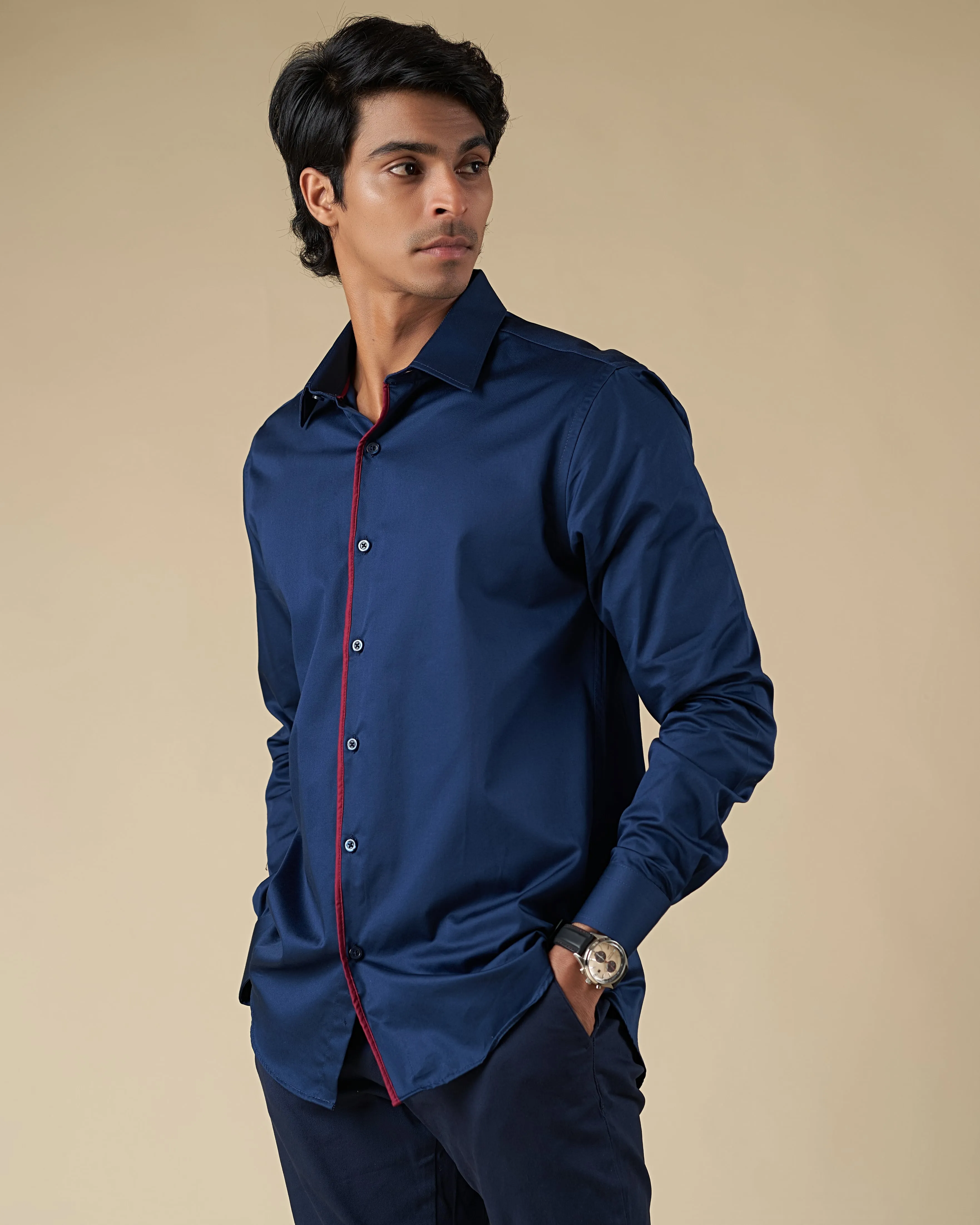 Navy Blue Satin Long Sleeve Shirt with Contrast Piping