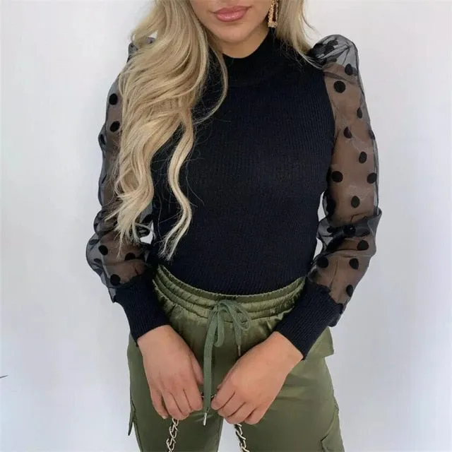 New Knitted Polka Dot Puff Long Sleeve Blouse