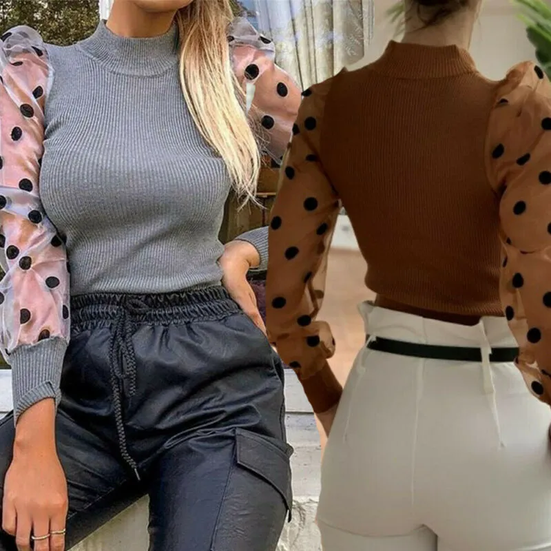 New Knitted Polka Dot Puff Long Sleeve Blouse