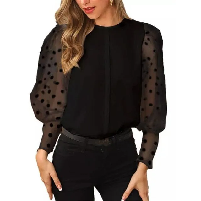 New Knitted Polka Dot Puff Long Sleeve Blouse