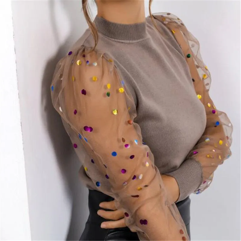 New Knitted Polka Dot Puff Long Sleeve Blouse