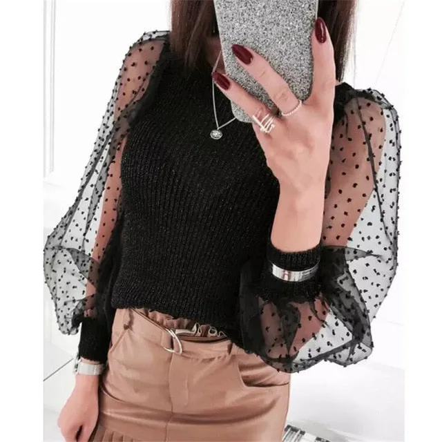 New Knitted Polka Dot Puff Long Sleeve Blouse