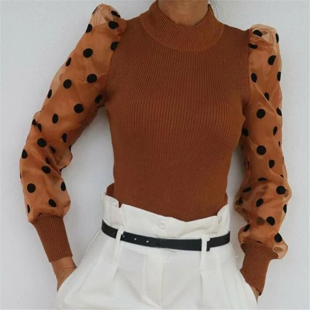 New Knitted Polka Dot Puff Long Sleeve Blouse