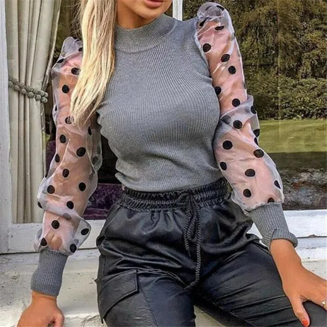 New Knitted Polka Dot Puff Long Sleeve Blouse