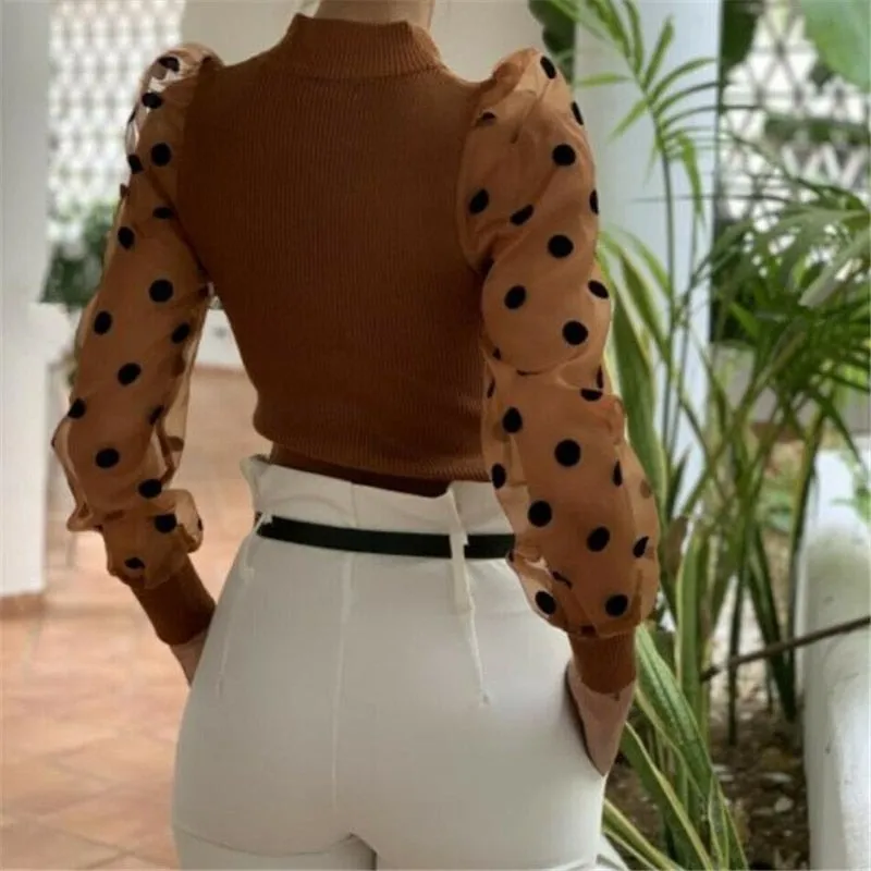 New Knitted Polka Dot Puff Long Sleeve Blouse