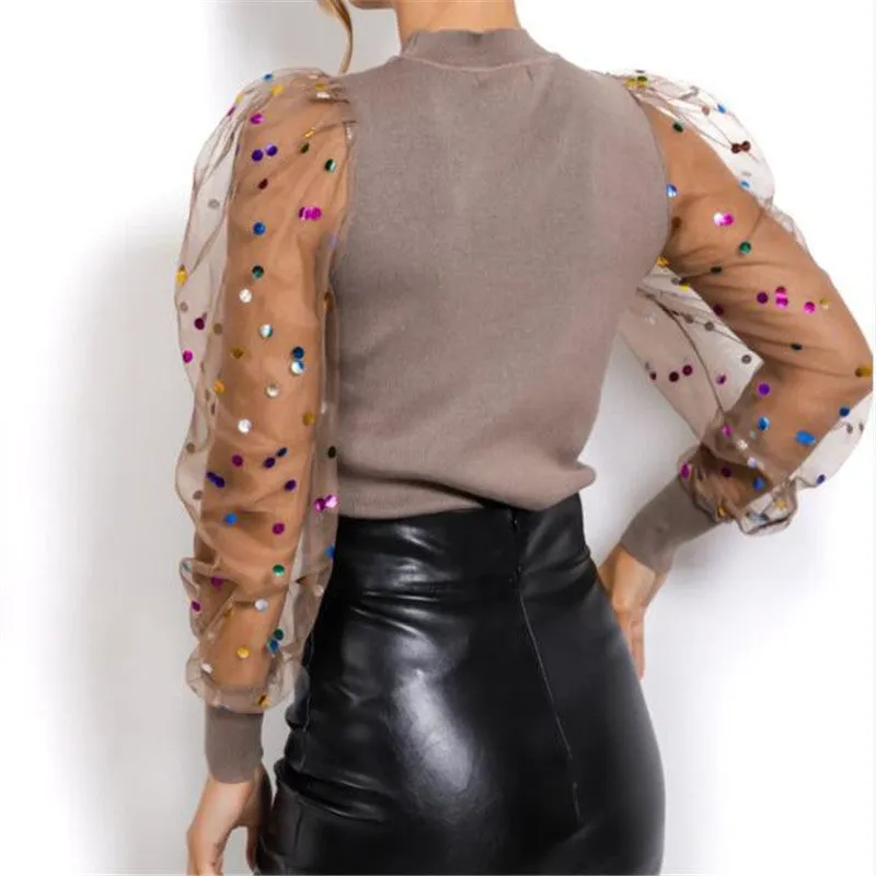 New Knitted Polka Dot Puff Long Sleeve Blouse