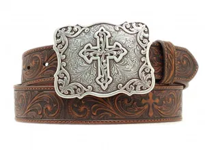 Nocona Women's Embossed Cross Buckle Brown Leather Belt