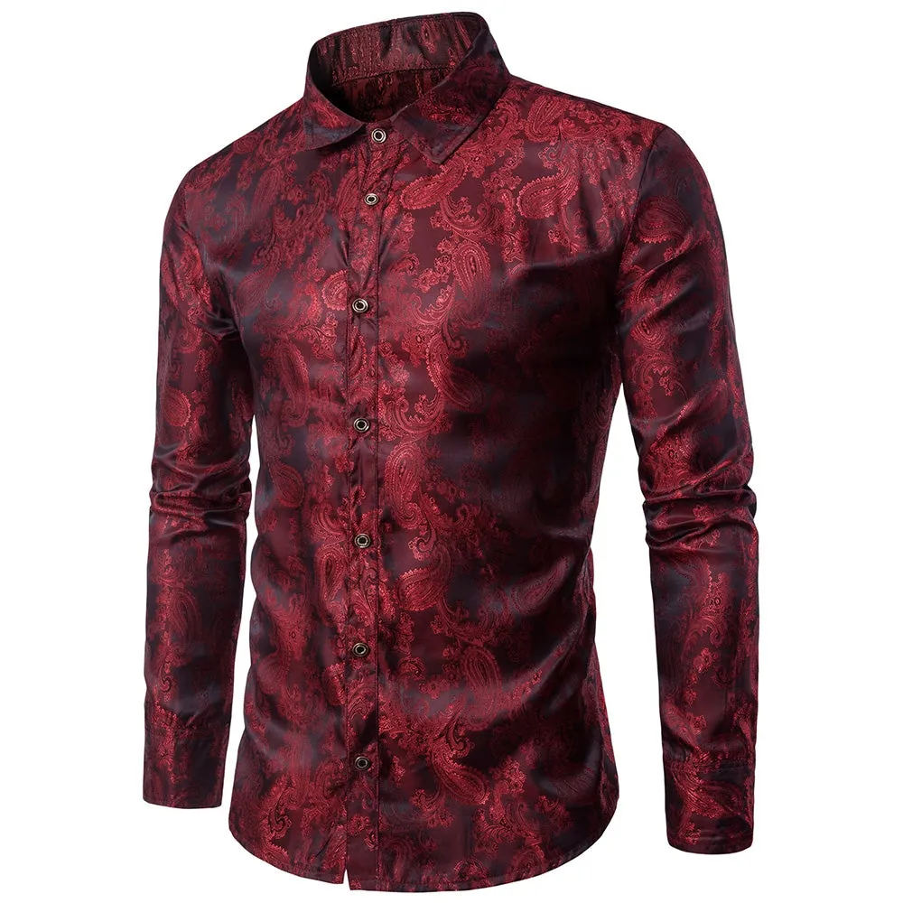 Party Turndown Collar Floral Paisley Printed Man Shirt 4786