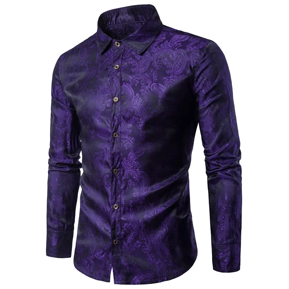 Party Turndown Collar Floral Paisley Printed Man Shirt 4786