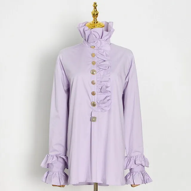 Patchwork Ruffle Shirt For Female Turtleneck Flare Long Sleeve