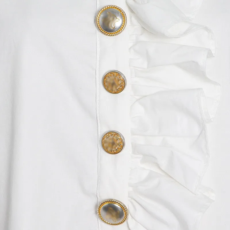 Patchwork Ruffle Shirt For Female Turtleneck Flare Long Sleeve