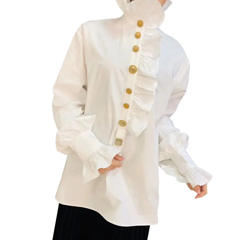 Patchwork Ruffle Shirt For Female Turtleneck Flare Long Sleeve