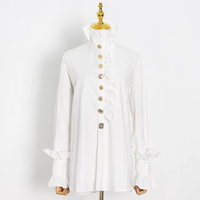Patchwork Ruffle Shirt For Female Turtleneck Flare Long Sleeve