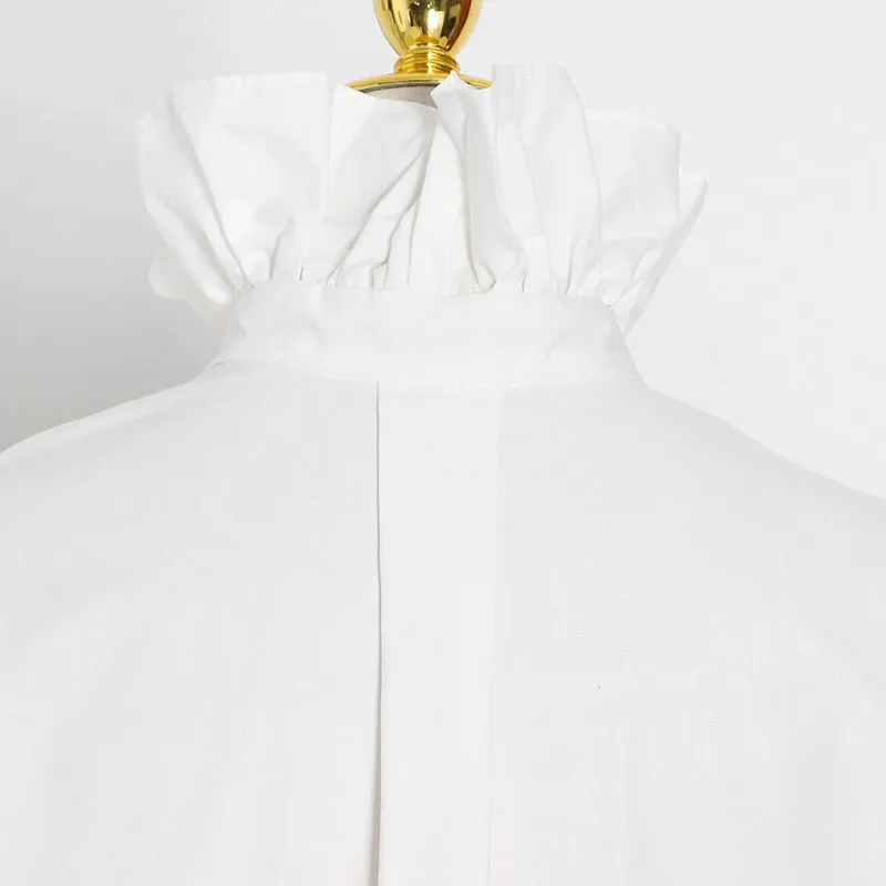 Patchwork Ruffle Shirt For Female Turtleneck Flare Long Sleeve