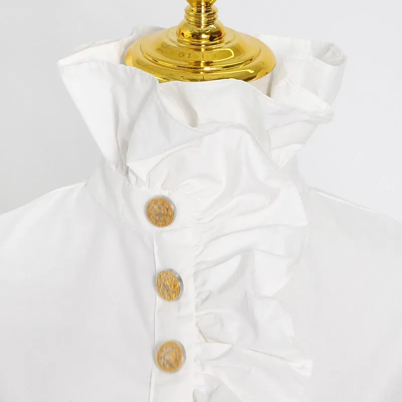 Patchwork Ruffle Shirt For Female Turtleneck Flare Long Sleeve