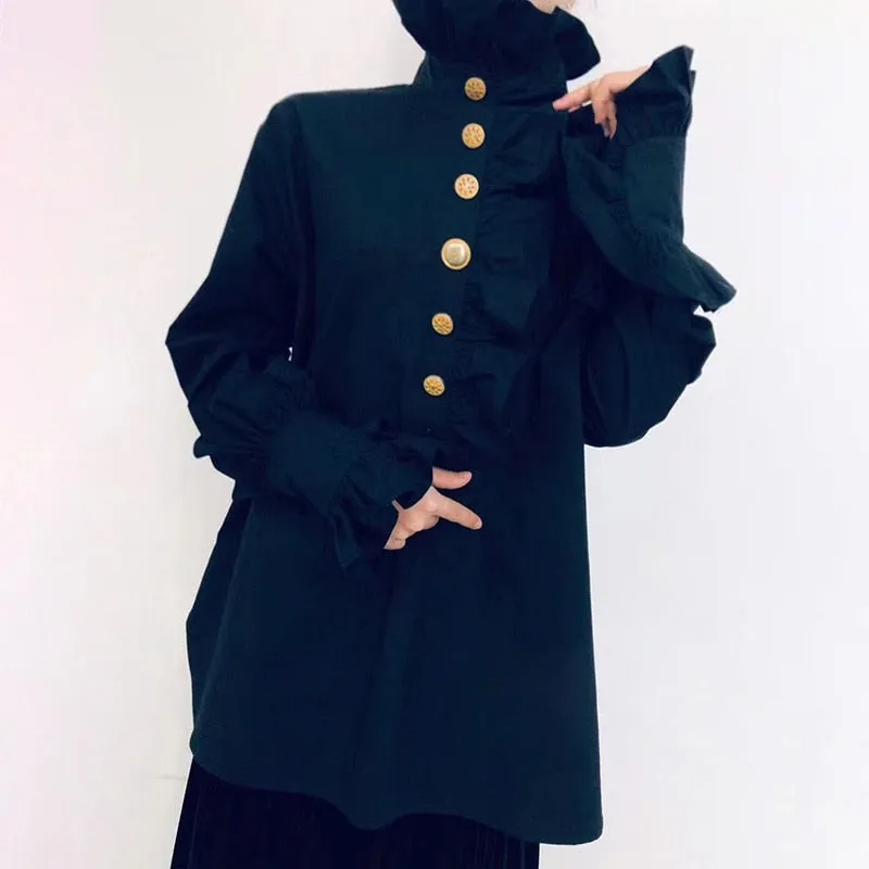Patchwork Ruffle Shirt For Female Turtleneck Flare Long Sleeve
