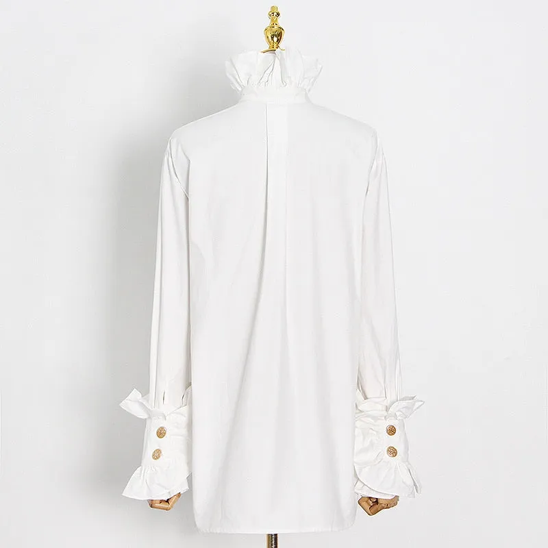 Patchwork Ruffle Shirt For Female Turtleneck Flare Long Sleeve