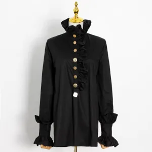 Patchwork Ruffle Shirt For Female Turtleneck Flare Long Sleeve
