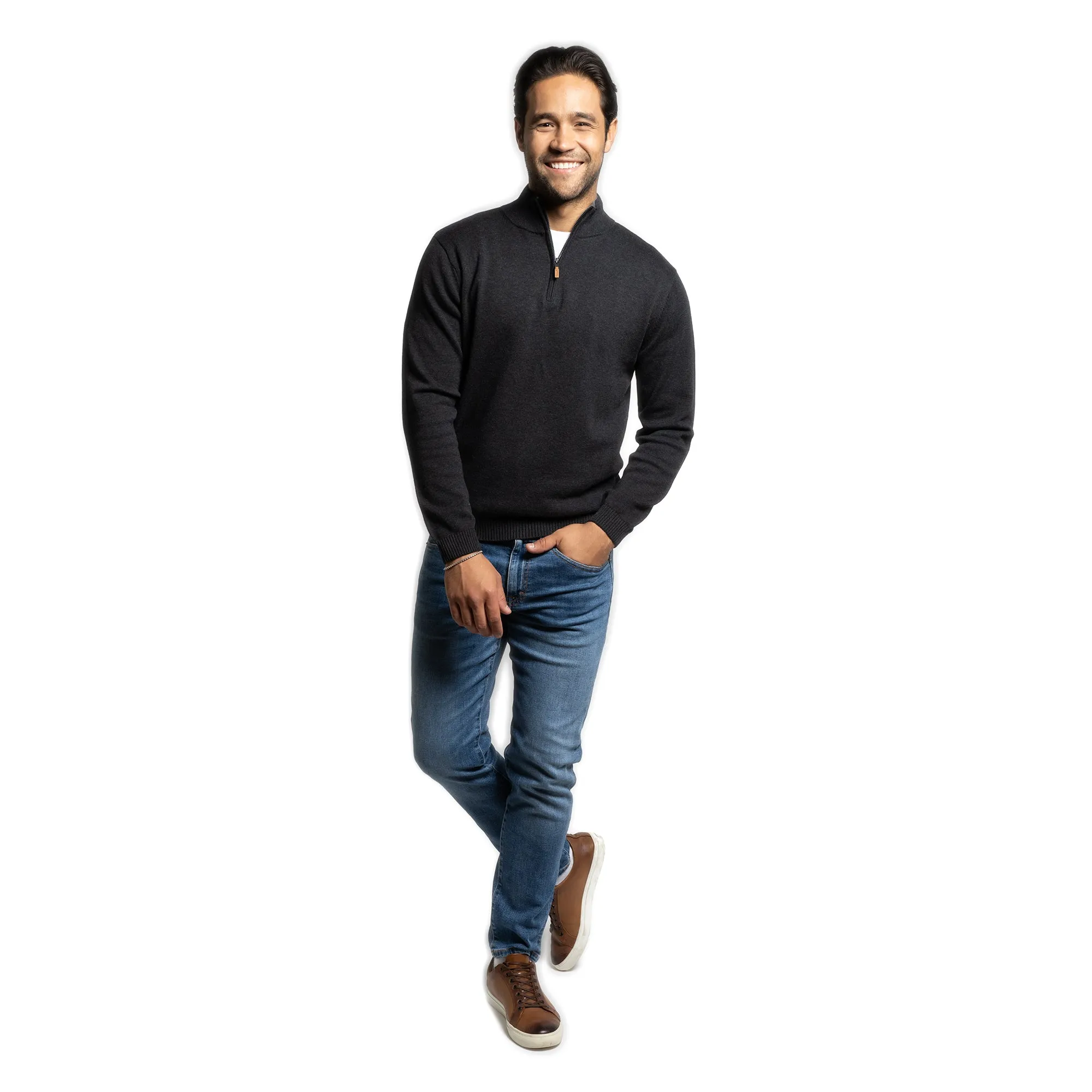 Pima Cotton Quarter Zip Sweaters - Black