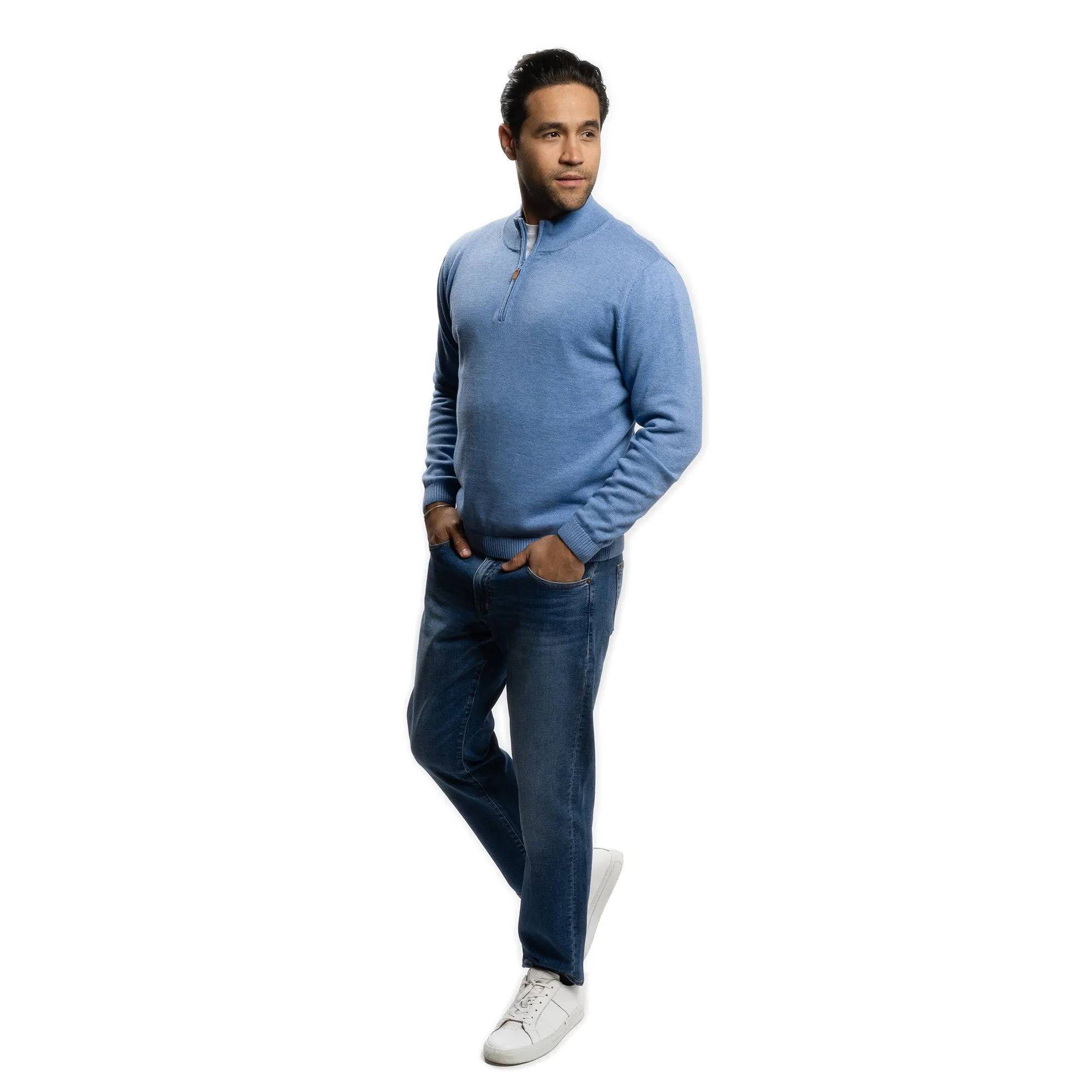 Pima Cotton Quarter Zip Sweaters - Sea Blue