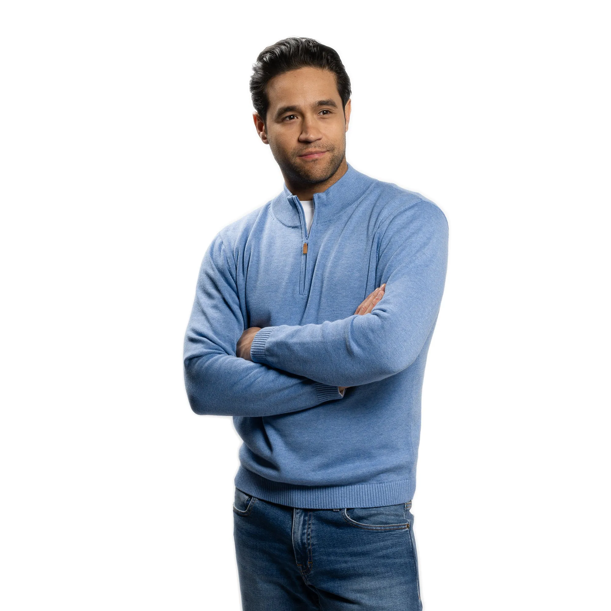 Pima Cotton Quarter Zip Sweaters - Sea Blue