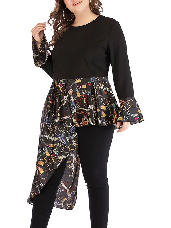 Plus Size Irregular Stitching Trumpet Sleeve Round Neck T-shirt Top