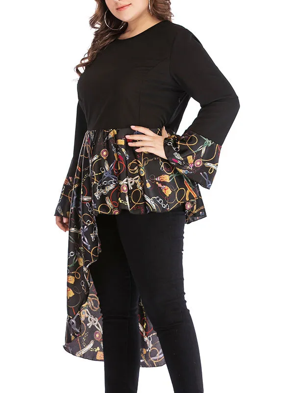 Plus Size Irregular Stitching Trumpet Sleeve Round Neck T-shirt Top