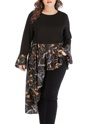 Plus Size Irregular Stitching Trumpet Sleeve Round Neck T-shirt Top